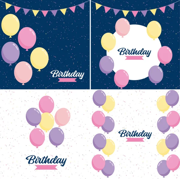 Happy Birthday Text Hand Drawn Cartoon Style Colorful Balloon Illustrations — Vector de stock