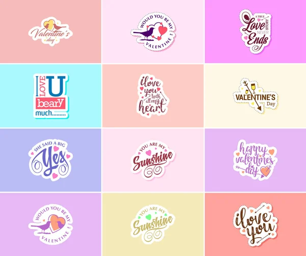 Filled Love Valentine Day Typography Stickers — 图库矢量图片