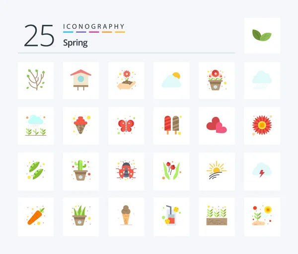 Spring Flat Color Icon Pack Including Pot Cloudy Gardening Sun — ストックベクタ