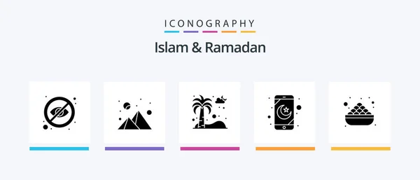 Islam Ramadan Glyph Icon Pack Including Food Prayer Application Dates — Stockvektor