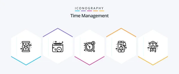 Time Management Line Icon Pack Including Home News Dollar Clock — Vettoriale Stock