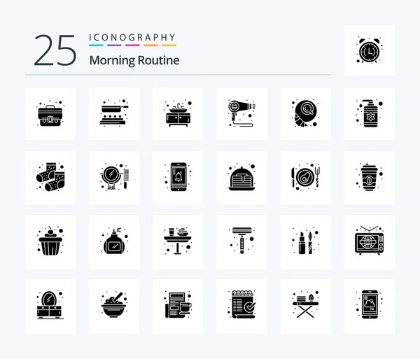 Morning Routine Solid Glyph Icon Pack Including Croissant Breakfast Bathroom — Stockvector