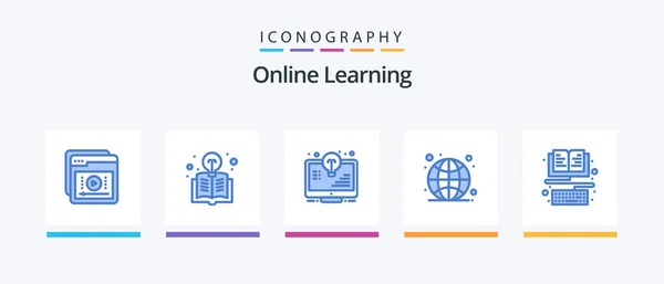Online Learning Blue Icon Pack Including Live Globe Light Bulb — Archivo Imágenes Vectoriales