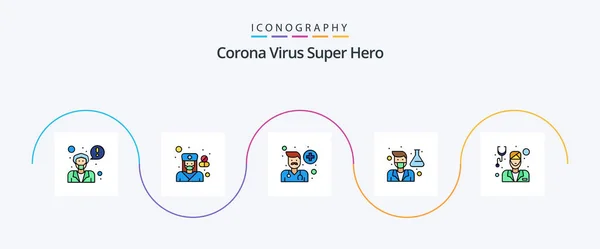Corona Virus Super Hero Line Filled Flat Icon Pack Including — Vector de stock