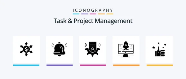 Task Project Management Glyph Icon Pack Including Rocket Computer Card — Vetor de Stock