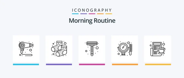 Morning Routine Line Icon Pack Including Bottle Mirror Comb Bag — Vector de stock