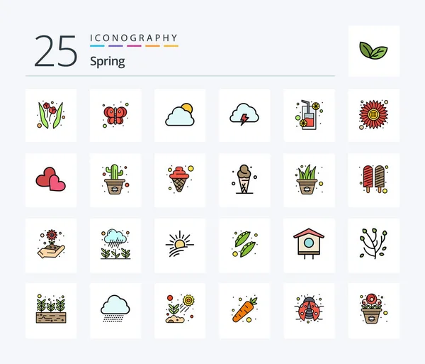 Spring Line Filled Icon Pack Including Food Sun Cloud Spring — Image vectorielle