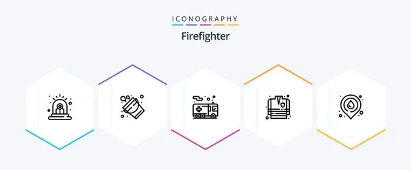 Firefighter Line Icon Pack Including Map Fire Emergency Fireman Fire — ストックベクタ