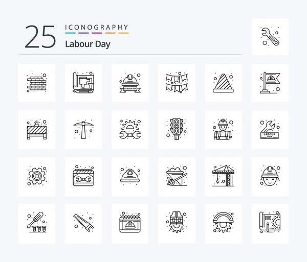 Labour Day Line Icon Pack Including Cone Flag Cap Decoration — Stok Vektör