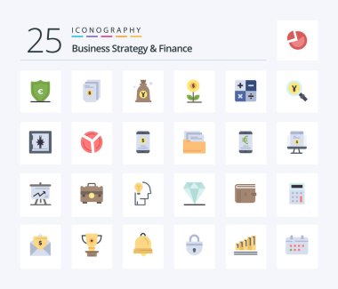 Business Strategy And Finance 25 Flat Color icon pack including business. money. document. bag. japanese