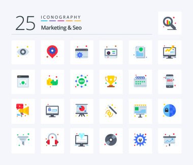 Marketing And Seo 25 Flat Color icon pack including document. guarantee. setting. youtube. marketing