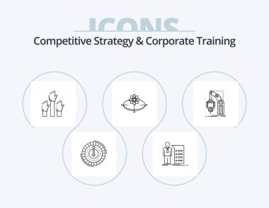 Rekabetçi Strateji ve Şirket Eğitim Hattı Simgesi 5 Simge Tasarımı. Eğri. Ok. Not defteri. Seminer. sunum