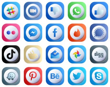 Facebook gibi popüler markalar için 20 Sevimli 3D Sosyal Medya Simgesi. Gibi. FB ve kurye simgeleri. Yüksek Kalite ve Zarif