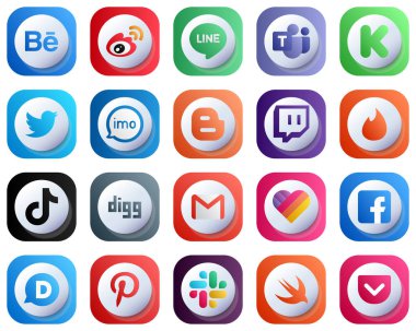 20 Şirin Eşsiz 3D Gradyan Sosyal Medya Simgesi, blog gibi. kickstarter. Video ve imo simgeleri. Özelleştirilebilir ve Profesyonel