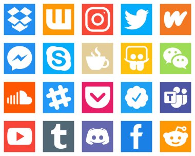 Slayt paylaşımı, yayın, edebiyat, kafein ve Skype simgeleri gibi 20 temel sosyal medya simgesi. Tamamen düzenlenebilir ve eşsiz.