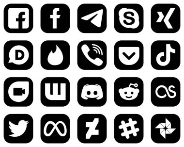 Siyah Arkaplan 'da 20 Yüksek Kaliteli Beyaz Sosyal Medya Simgesi. Video gibi. Tik tak. Şaşırtıcı. cep ve rakuten simgeleri. Tamamen düzenlenebilir ve eşsiz.
