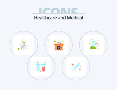 Tıbbi Düz Simge Paket 5 Simge Tasarımı. Laboratuvar. Kimya. Haplar. İlaç. tıbbi