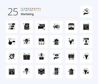 Pazarlama 25 Solid Glyph simgesi paketi. Dükkan da dahil. Konuşmacı. Basın. Terfi. ileti