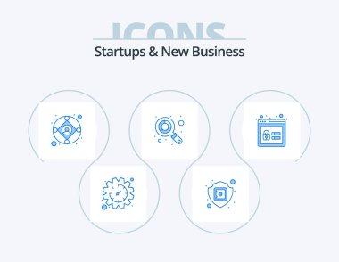 Girişimler ve Yeni İş Mavisi Simgesi 5 Simge Tasarımı. Kilit. Ara. Sigorta şirketi. Bütçe. üretim