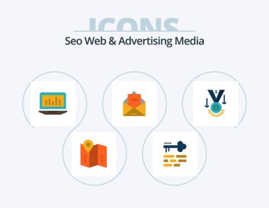 Seo Web ve Medya Düz Simge Paketi 5 Simge Tasarımı. Mektup. Reklamcılık. Giriş. Reklam. izleme