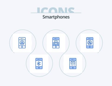 Akıllı telefonlar Mavi Simge Paket 5 Simge Tasarımı. Web kamerası. Akıllı telefon. Mesaj var. İletişim. Ağ