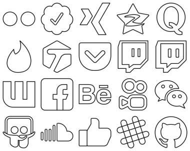 20 tane yüksek kaliteli ve modern Black Outline Sosyal Medya Simgesi. FBI. Soru. Facebook ve seğirme simgeleri. Zarif ve yüksek çözünürlüklü