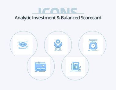 Analitik Yatırım ve Dengeli Puan Kartı Mavi Simge Paketi 5 Simge Tasarımı. Yığın. Bozuk para. Yatırım. vizyon. odaklan