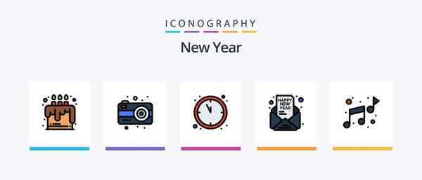 New Year Line Filled Icon Pack Including Photography Camera Firecracker — Vector de stock