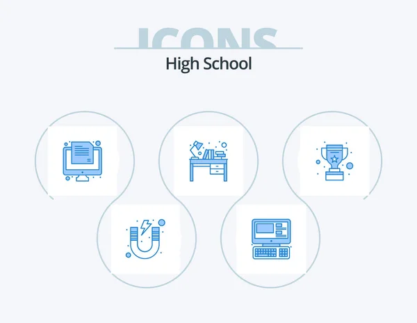 High School Blue Icon Pack Icon Design Study Table Interior — Archivo Imágenes Vectoriales