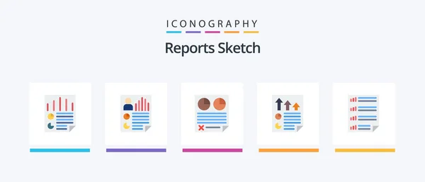 Reports Sketch Flat Icon Pack Including Document Bars Paper Report — Stockvector