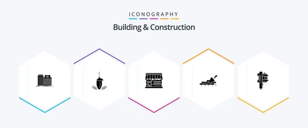 Building Construction Glyph Icon Pack Including Building Brickwork Plumb Building — Vettoriale Stock