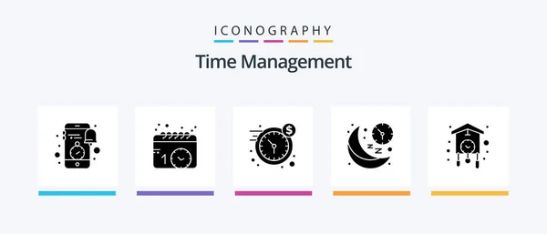Time Management Glyph Icon Pack Inklusive Tid Månen Titta Här — Stock vektor