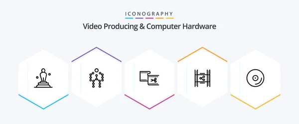 Producerea Video Computer Hardware Linie Pictogramă Pachet Inclusiv Film Distribuţie — Vector de stoc