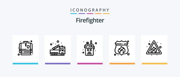 Firefighter Line Icon Pack Including Water Place Protection Exit Mask — Stock Vector