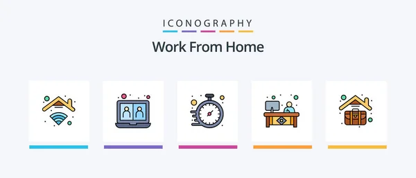 Work Home Line Full Icon Pack Včetně Pracovní Stanice Monitor — Stockový vektor