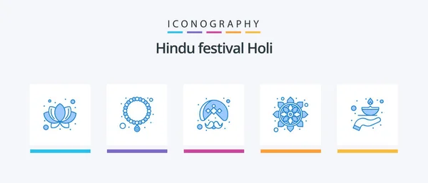 Holi Blue Icon Pack Including Flame Care Person Rangoli India — Stock Vector