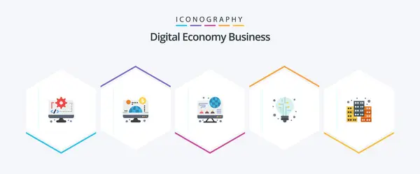 Dijital Ekonomi Flat Ikon Paketi Dahil Ekonomi Bilgisayar Dijital Işık — Stok Vektör