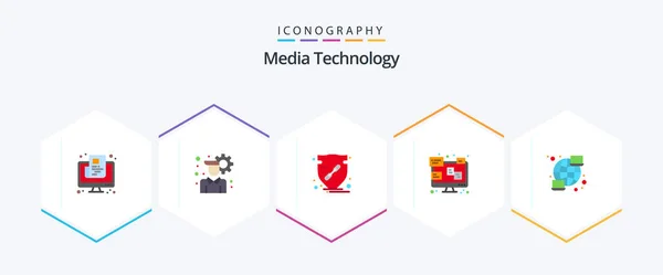 Media Technology Pack Iconos Planos Incluyendo Global Laptop Confianza Comunicación — Vector de stock