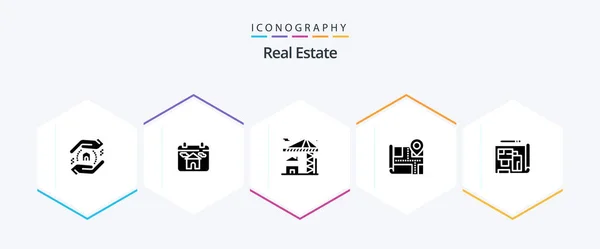Real Estate Glyph Icon Pack Einschließlich Immobilien Landkarte Haus Nachlass — Stockvektor