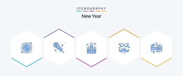 New Year Blue Icon Pack Including Photography Camera Fire Glasses — Archivo Imágenes Vectoriales