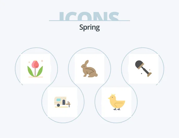 Spring Flat Icon Pack Icon Design Schaufeln Groß Blümchen Kaninchen — Stockvektor
