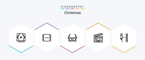 圣诞节25线图标包 包括摄影 电影片片 D眼镜 片断板 片断板 — 图库矢量图片