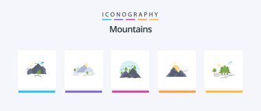 Tepe de dahil olmak üzere Dağlar 5 Simge Paketi. Doğa. Güneş. Doğa. Yaratıcı Simgeler Tasarımı