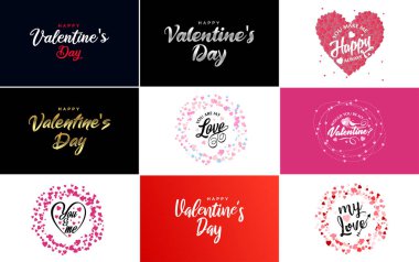 Happy Valentine's Day greeting background in papercut realistic style paper clouds. flying realistic heart on string; pink banner party invitation template; calligraphy words text sign on copy space