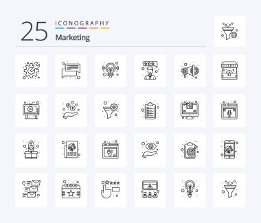 Marketing 25 Line icon pack including speaker. advertise. idea. review. customer satisfaction
