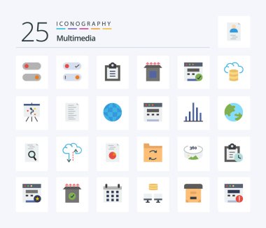 Multimedia 25 Flat Color icon pack including strategy. board. setup. hosting. backup