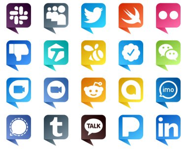 Chat bubble style Icons of Top Social Media 20 pack such as meeting. zoom. facebook. google duo and wechat icons. Versatile and professional