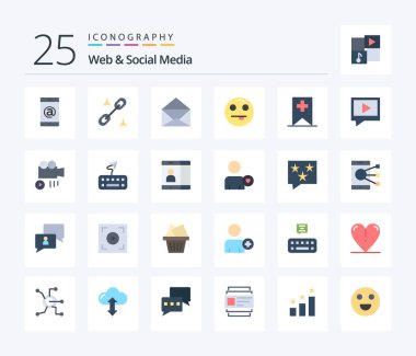 Web And Social Media 25 Flat Color icon pack including mail. video. open. media. tag