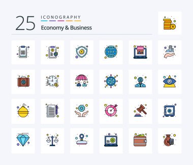 Economy And Business 25 Line Filled icon pack including online. world economy. money. economy. banking