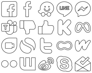 20 Minimalist and high-quality Black Outline Social Media Icons such as facebook. funding. microsoft team. kickstarter and like icons. Elegant and unique